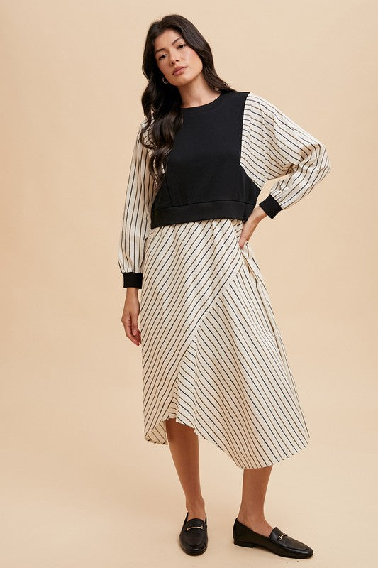Mix media striped midi