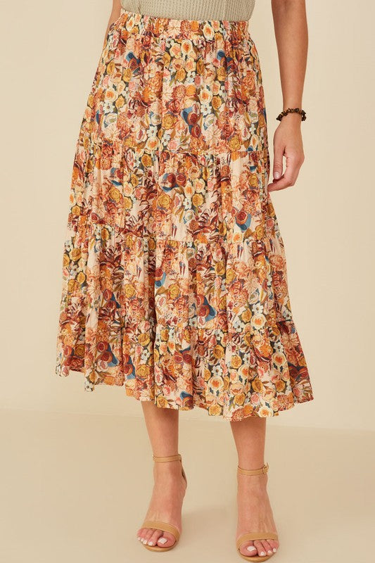 Bohemian Floral Elastic Waist Tiered Skirt
