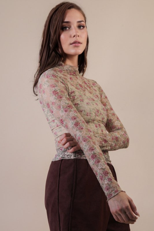 Beige Floral Mesh Top