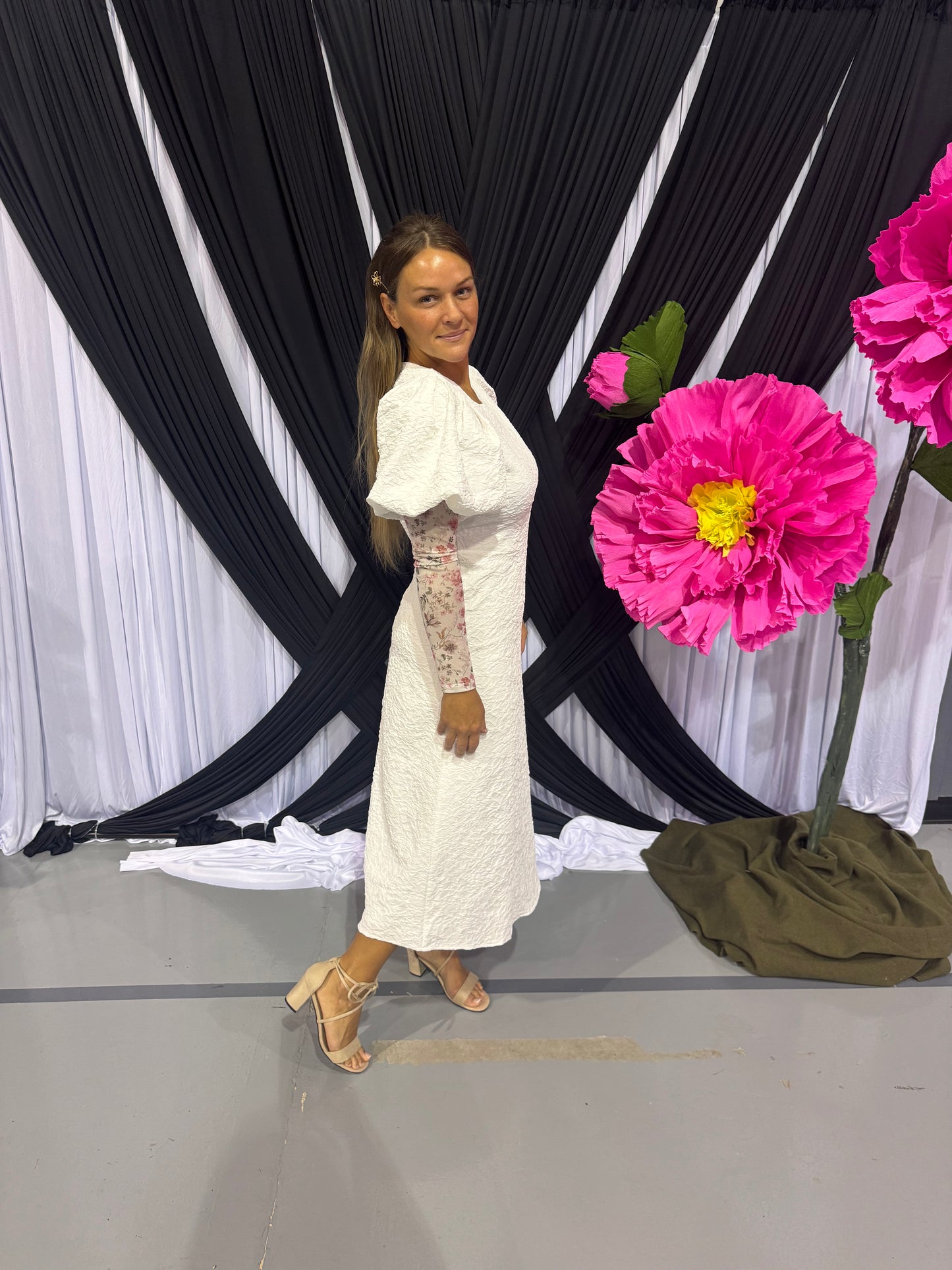 White Puff Sleeve Midi Dress