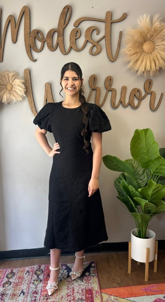 Black Puff Sleeve Midi Dress