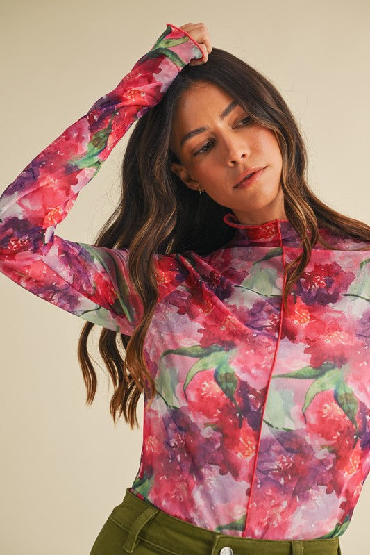Magenta Floral Mesh Top