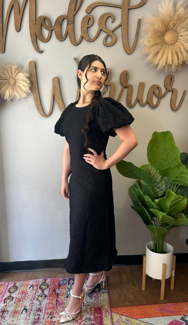 Black Puff Sleeve Midi Dress
