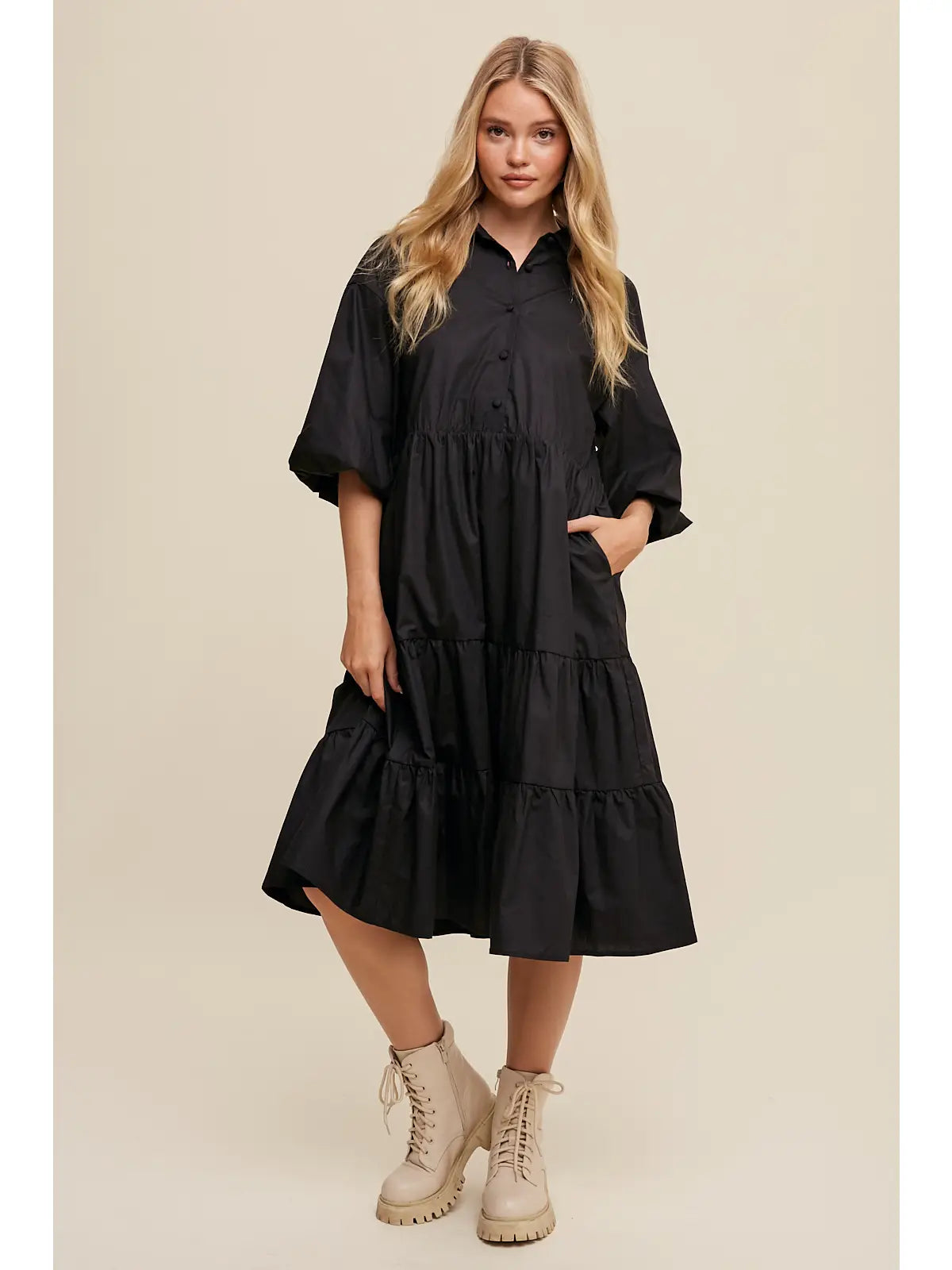 Black Tiered Poplin Dress