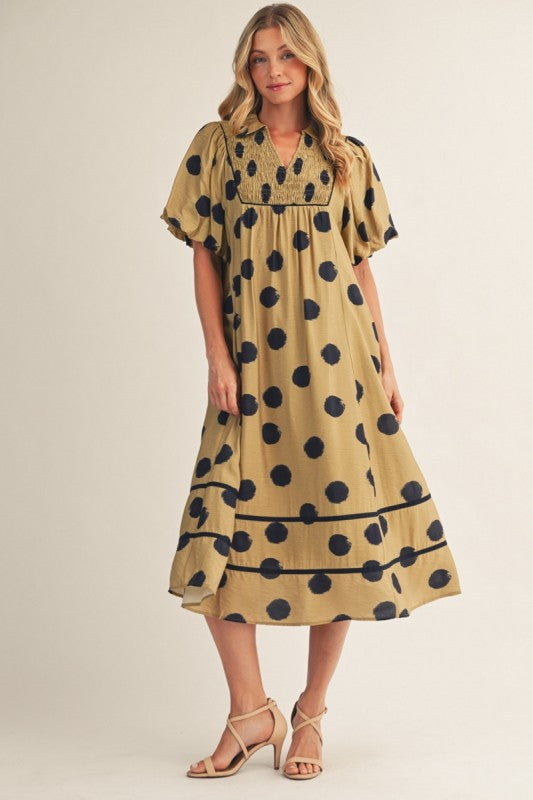 Golden Olive with navy dots