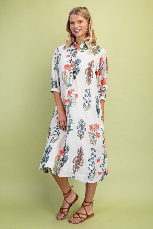 White Floral Button Front Dress