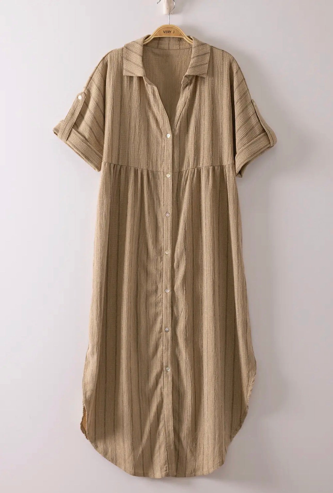 Taupe Striped Linen Midi