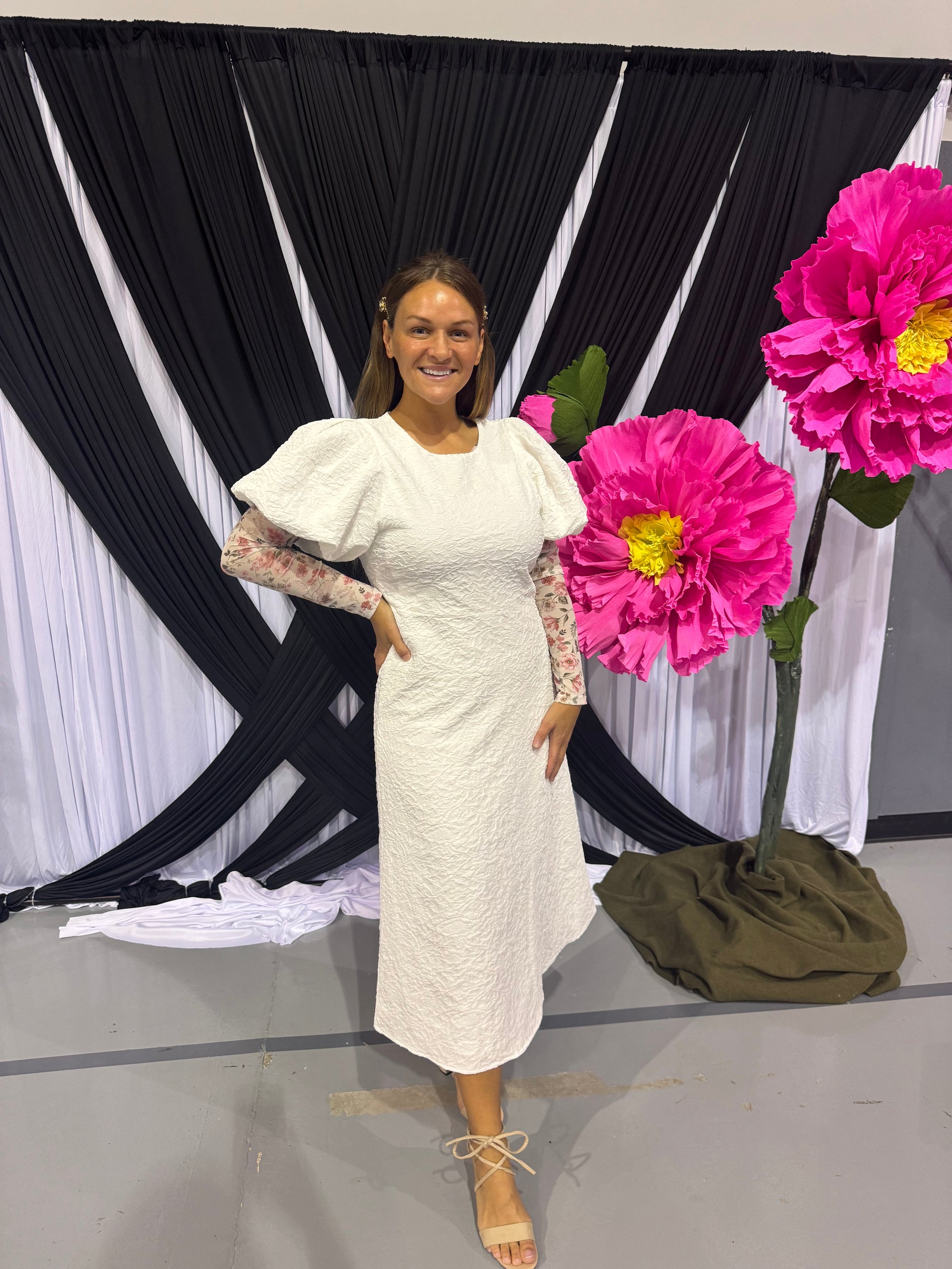 White Puff Sleeve Midi Dress Modest Warrior Boutique White Puff Sleeve Midi Dress Modest Warrior Boutique