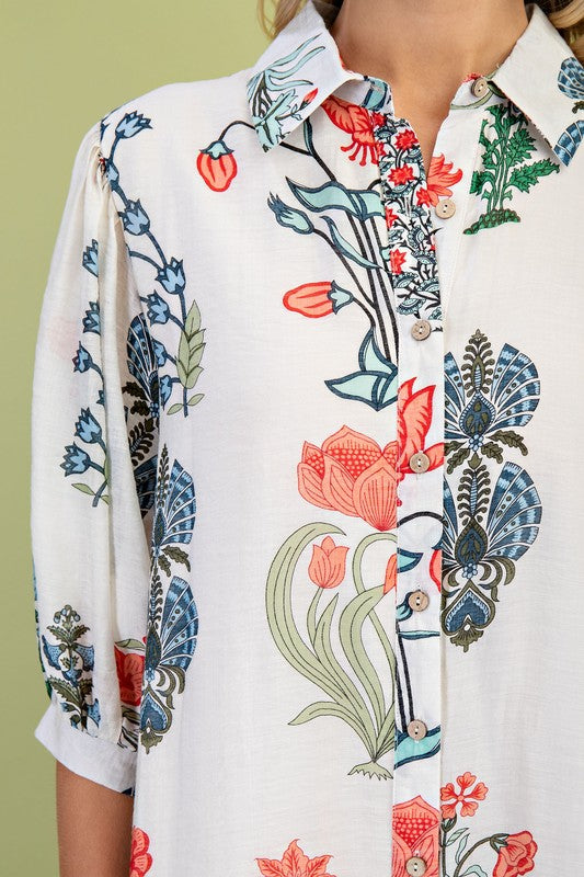White Floral Button Front Dress