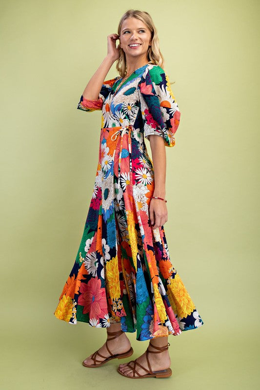 Vibrant Floral Midi Wrap Dress