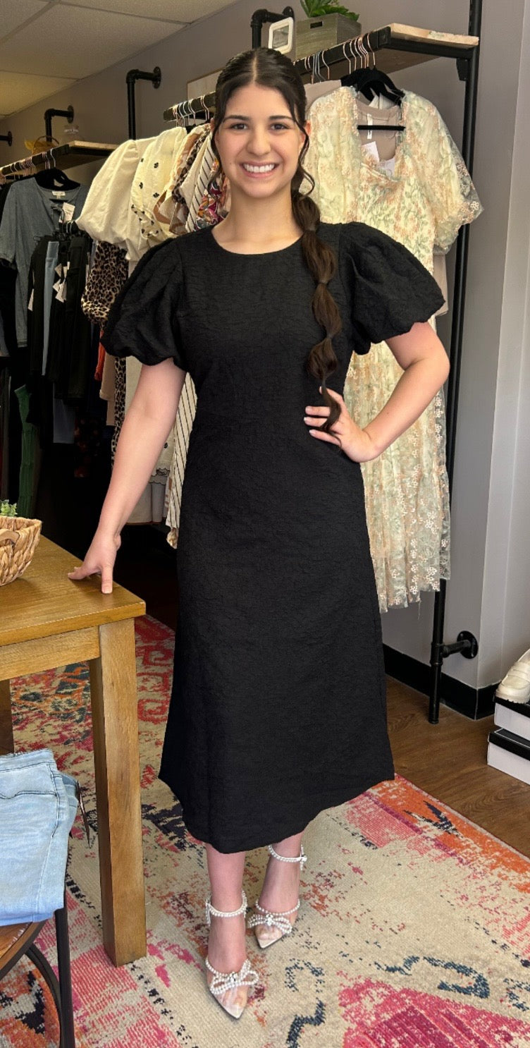 Black Puff Sleeve Midi Dress