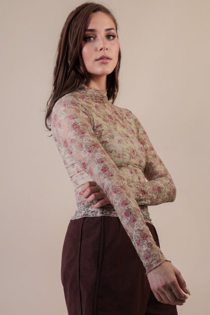 Beige Floral Mesh Top
