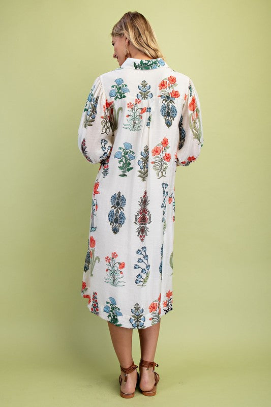 White Floral Button Front Dress
