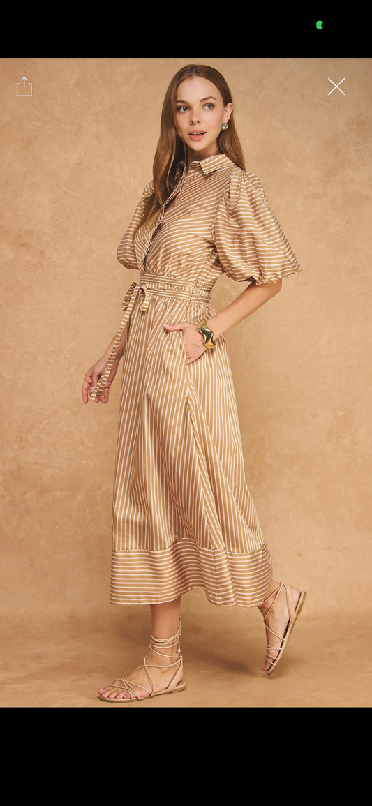 Tan/blush Striped puff sleeve