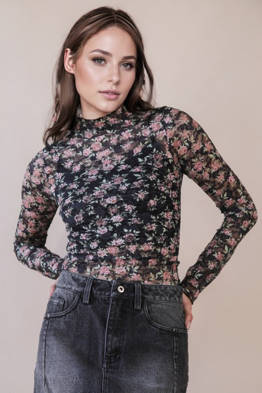 Black Floral Mesh Top
