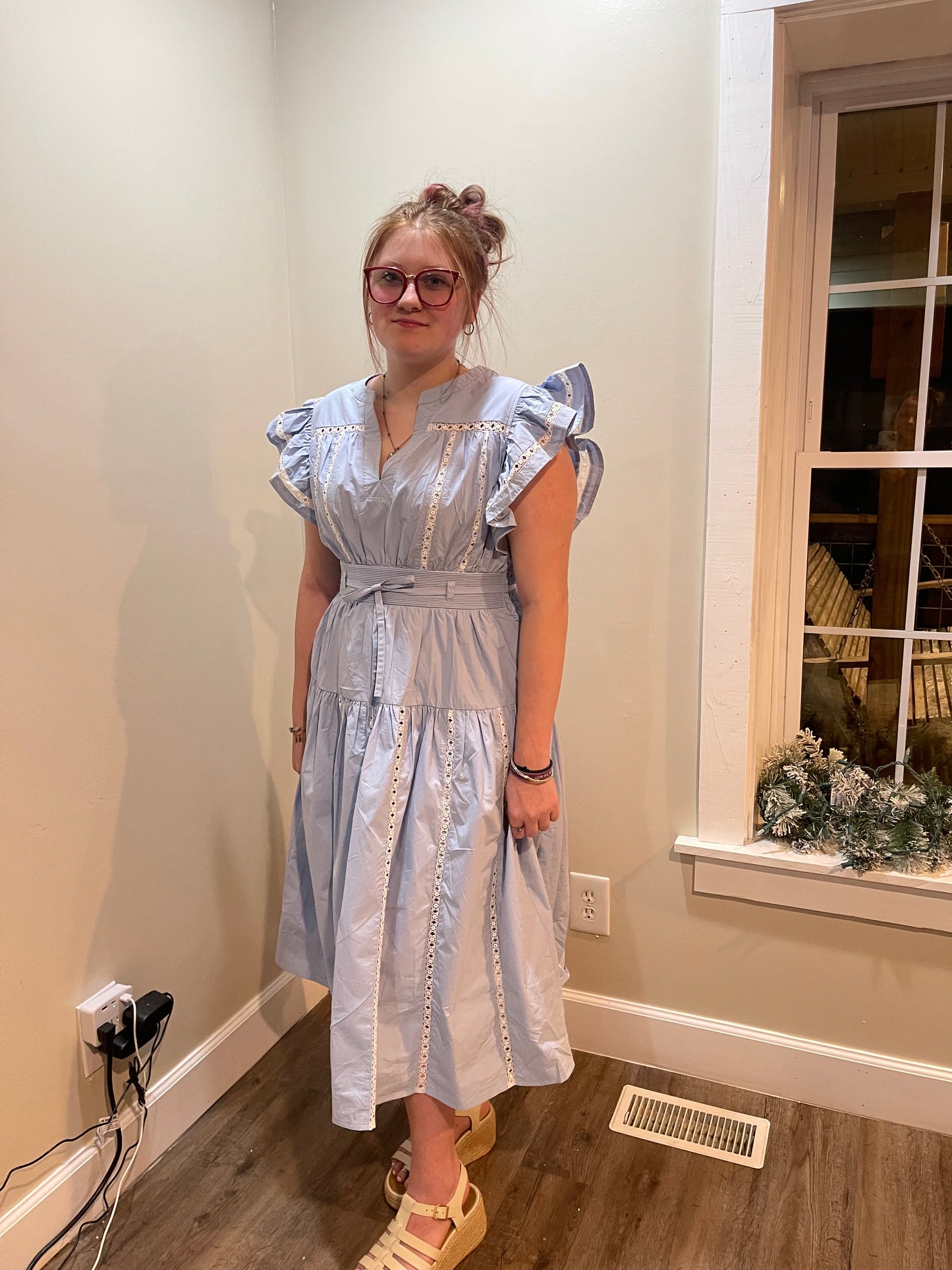Lace Sleeve Flutter Midi Dress