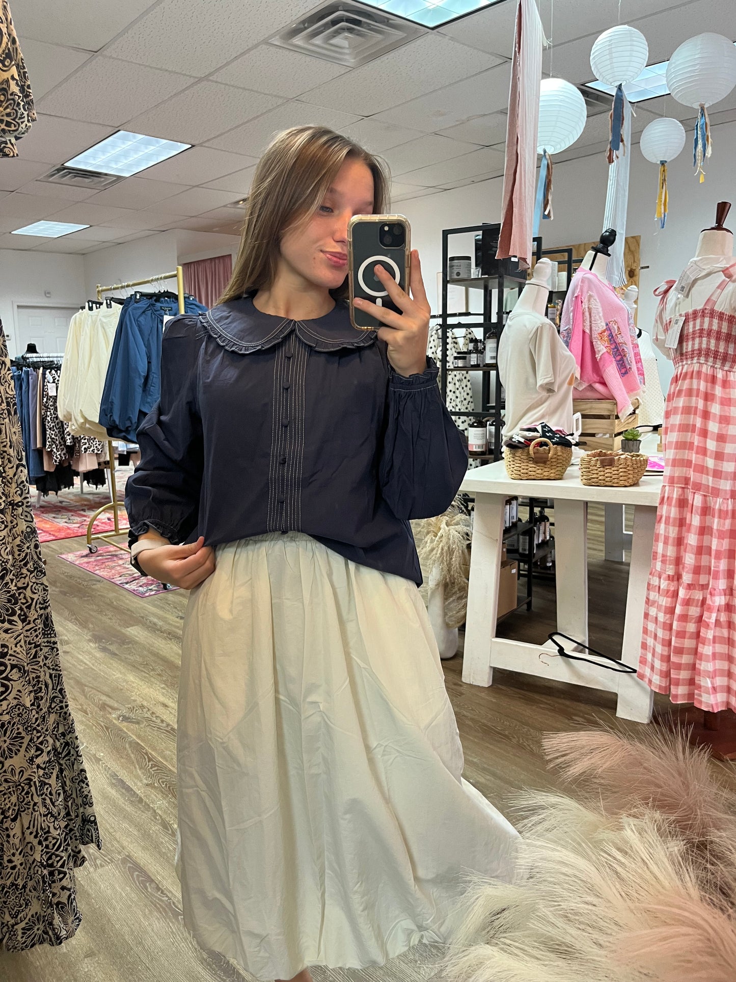 Navy ruffle Top