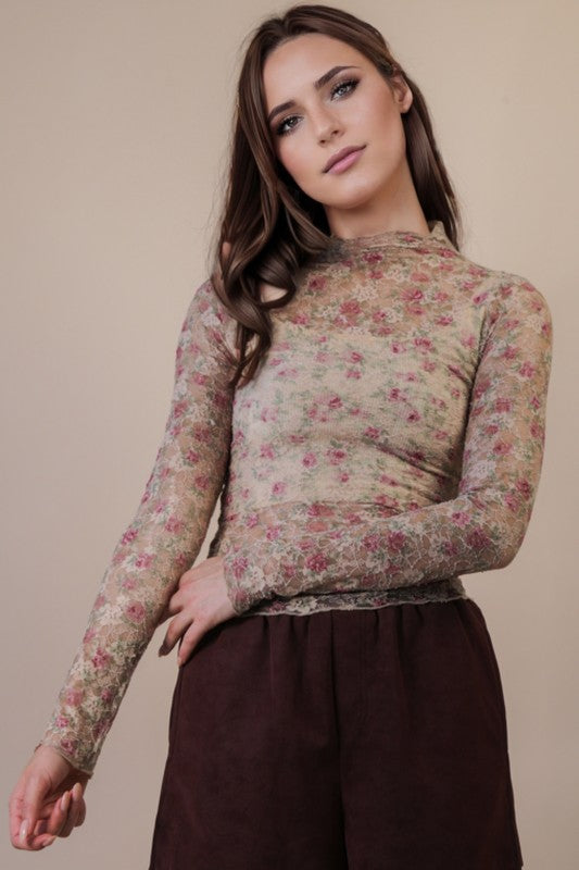 Beige Floral Mesh Top